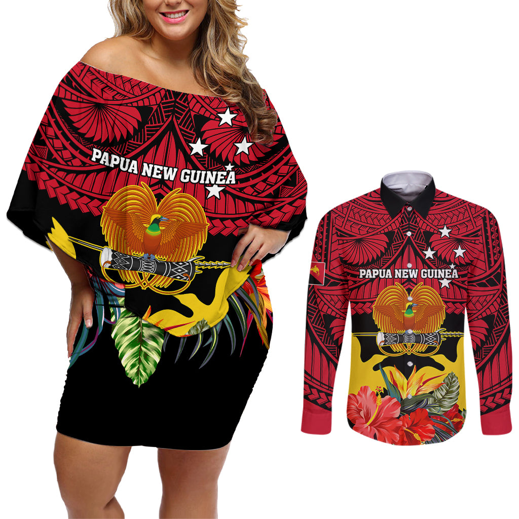 Personalised Papua New Guinea Couples Matching Off Shoulder Short Dress and Long Sleeve Button Shirts Bird Of Paradise Mix Polynesian Pattern - Wonder Print Shop