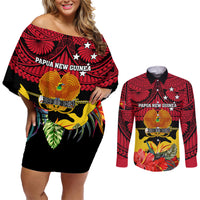 Personalised Papua New Guinea Couples Matching Off Shoulder Short Dress and Long Sleeve Button Shirts Bird Of Paradise Mix Polynesian Pattern - Wonder Print Shop
