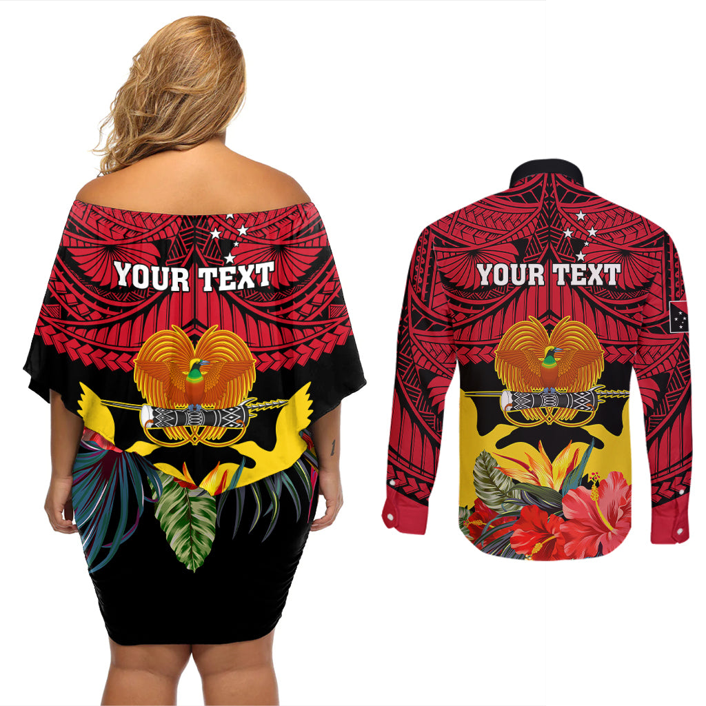 Personalised Papua New Guinea Couples Matching Off Shoulder Short Dress and Long Sleeve Button Shirts Bird Of Paradise Mix Polynesian Pattern - Wonder Print Shop