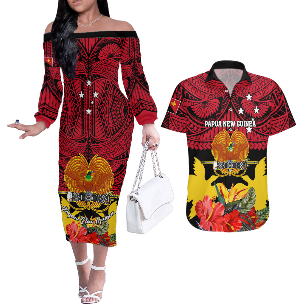 Personalised Papua New Guinea Couples Matching Off The Shoulder Long Sleeve Dress and Hawaiian Shirt Bird Of Paradise Mix Polynesian Pattern - Wonder Print Shop