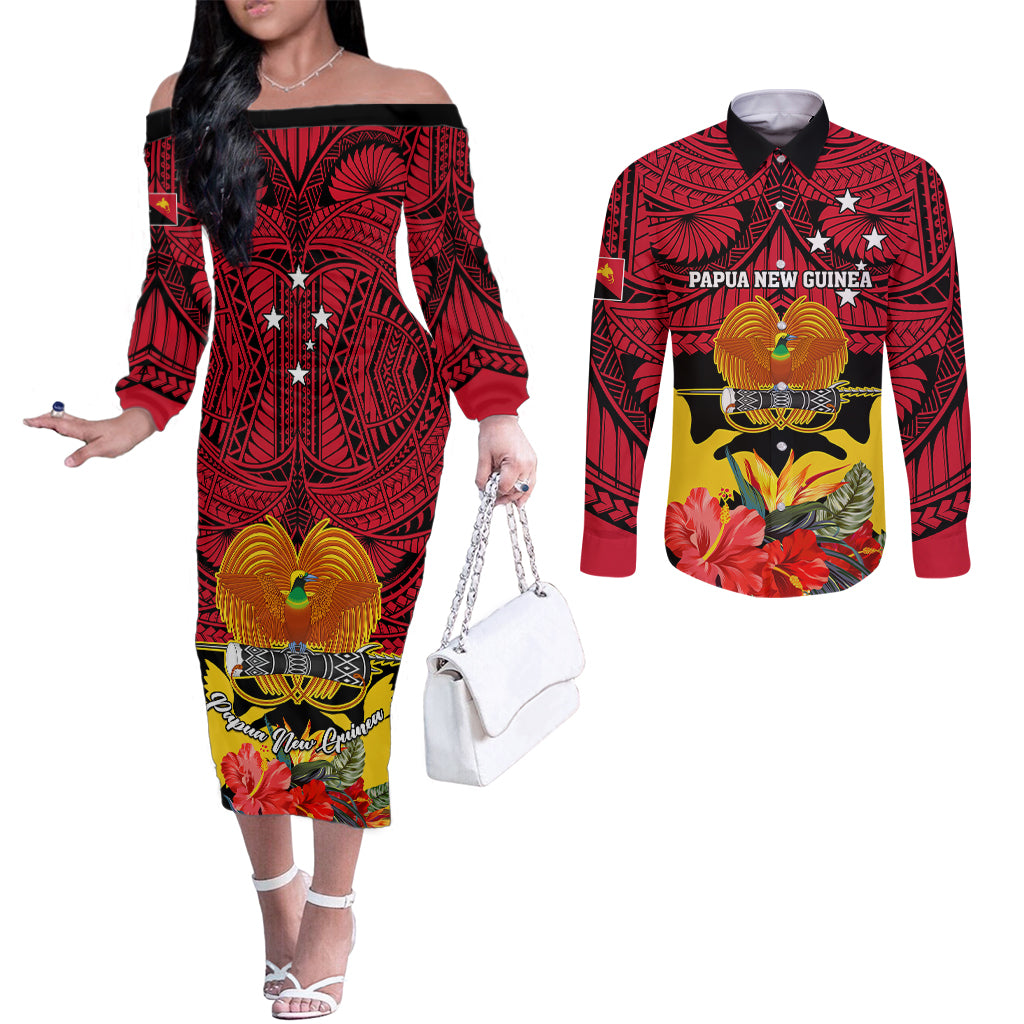 personalised-papua-new-guinea-couples-matching-off-the-shoulder-long-sleeve-dress-and-long-sleeve-button-shirts-bird-of-paradise-mix-polynesian-pattern
