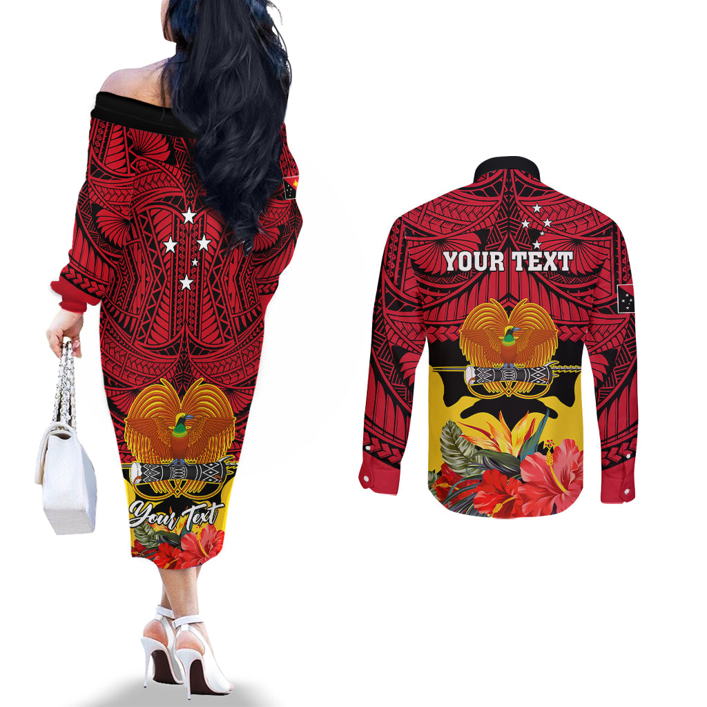 personalised-papua-new-guinea-couples-matching-off-the-shoulder-long-sleeve-dress-and-long-sleeve-button-shirts-bird-of-paradise-mix-polynesian-pattern