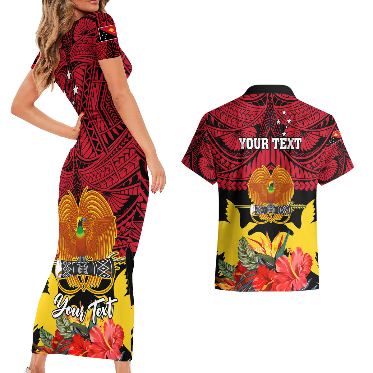 Personalised Papua New Guinea Couples Matching Short Sleeve Bodycon Dress and Hawaiian Shirt Bird Of Paradise Mix Polynesian Pattern - Wonder Print Shop