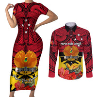 Personalised Papua New Guinea Couples Matching Short Sleeve Bodycon Dress and Long Sleeve Button Shirts Bird Of Paradise Mix Polynesian Pattern - Wonder Print Shop