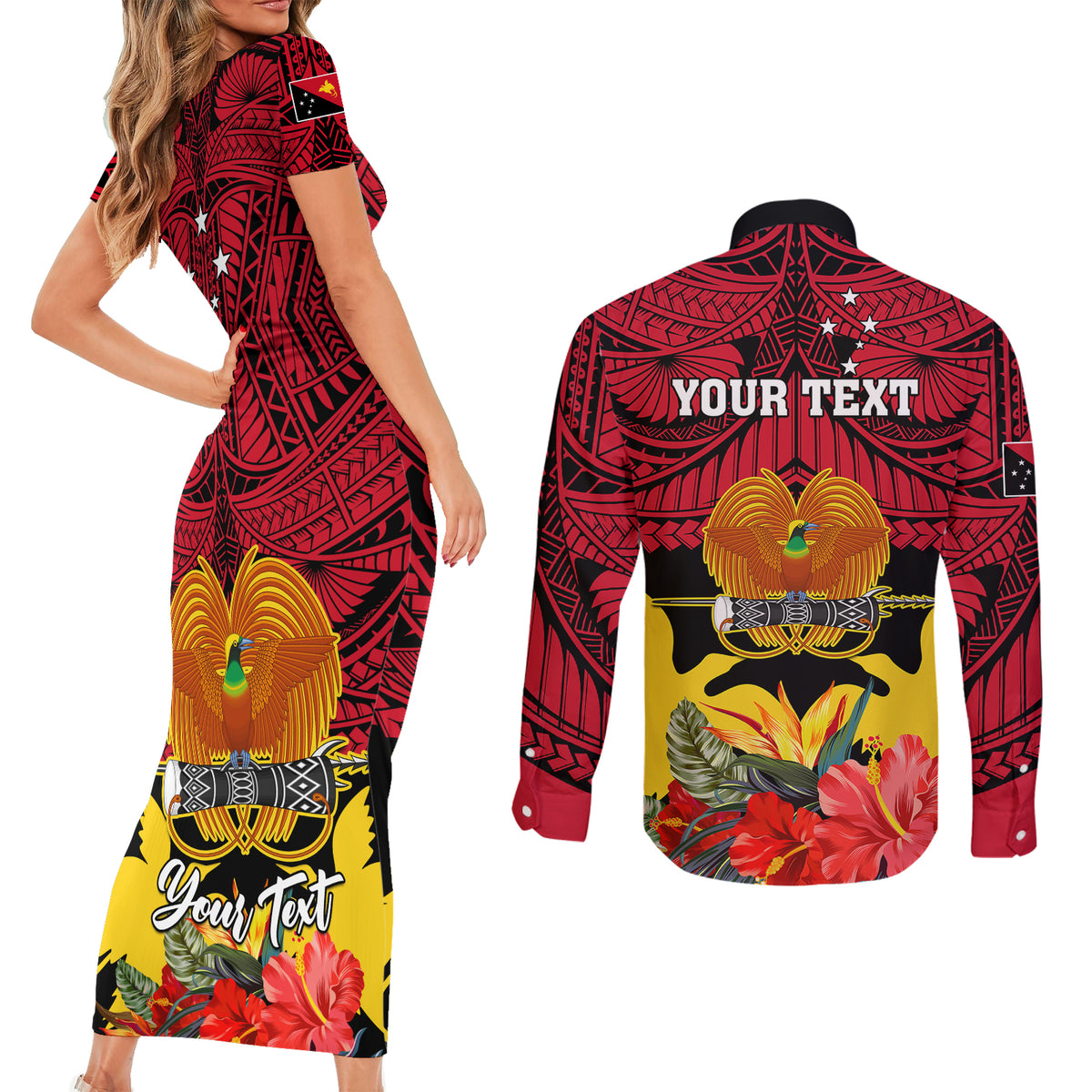 Personalised Papua New Guinea Couples Matching Short Sleeve Bodycon Dress and Long Sleeve Button Shirts Bird Of Paradise Mix Polynesian Pattern - Wonder Print Shop