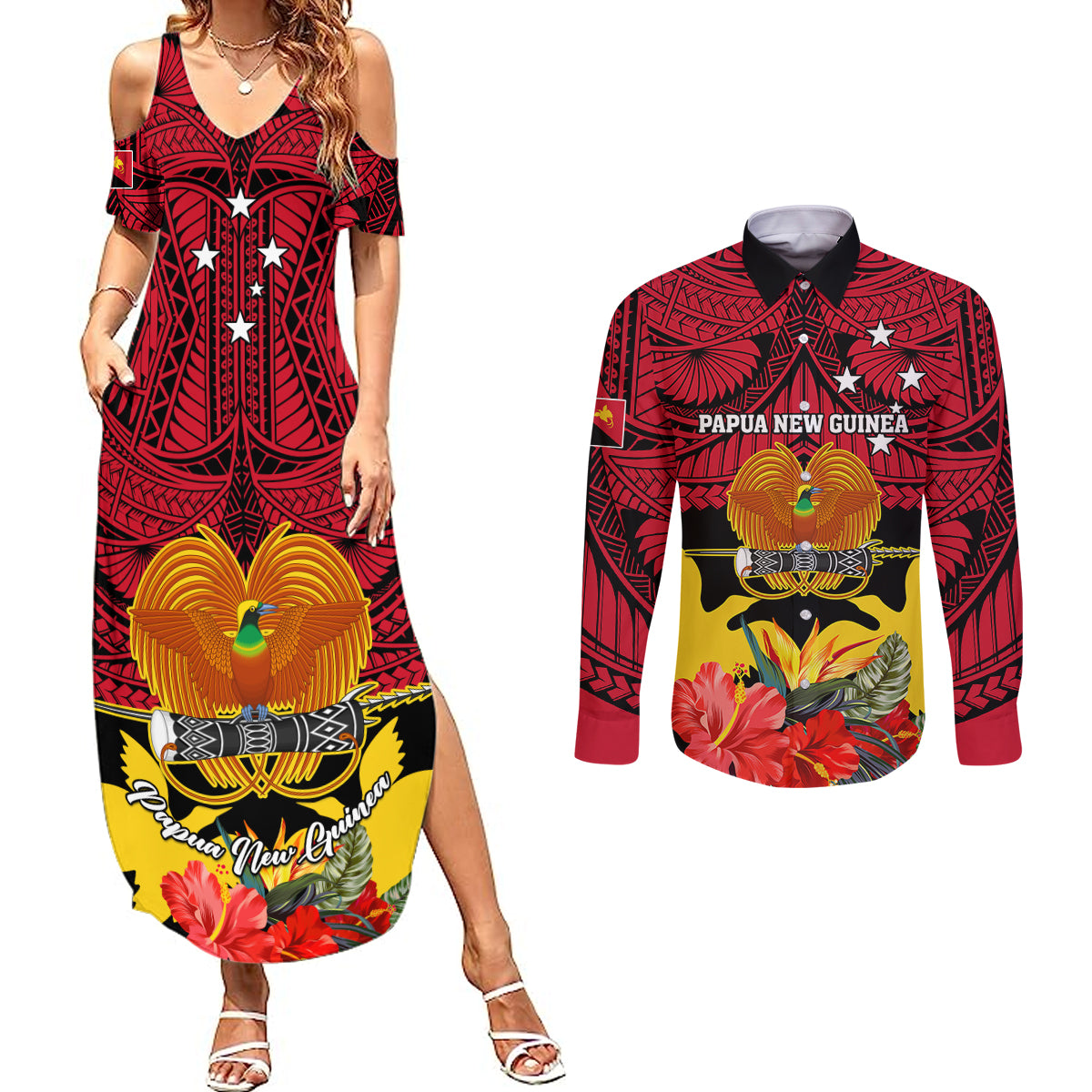 Personalised Papua New Guinea Couples Matching Summer Maxi Dress and Long Sleeve Button Shirts Bird Of Paradise Mix Polynesian Pattern - Wonder Print Shop