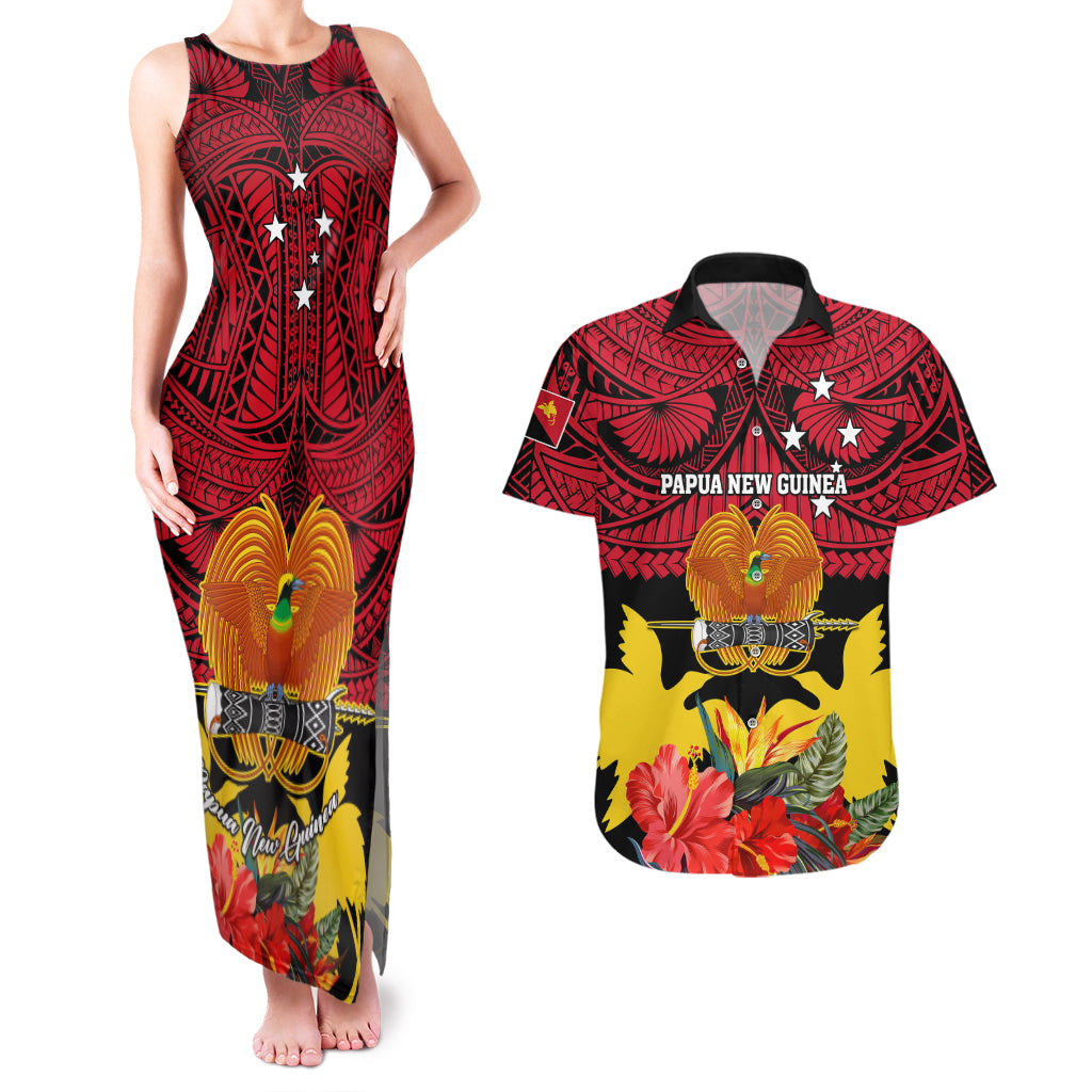 Personalised Papua New Guinea Couples Matching Tank Maxi Dress and Hawaiian Shirt Bird Of Paradise Mix Polynesian Pattern - Wonder Print Shop