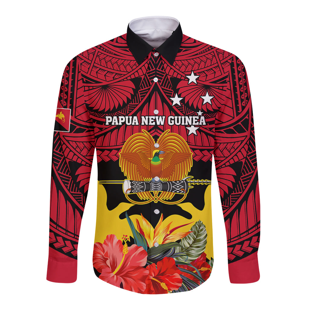 Personalised Papua New Guinea Long Sleeve Button Shirt Bird Of Paradise Mix Polynesian Pattern - Wonder Print Shop