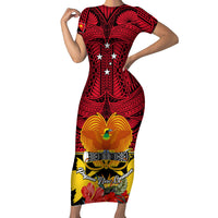 Personalised Papua New Guinea Short Sleeve Bodycon Dress Bird Of Paradise Mix Polynesian Pattern - Wonder Print Shop