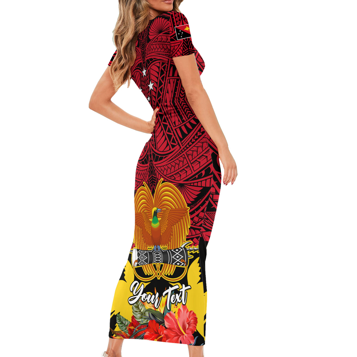 Personalised Papua New Guinea Short Sleeve Bodycon Dress Bird Of Paradise Mix Polynesian Pattern - Wonder Print Shop