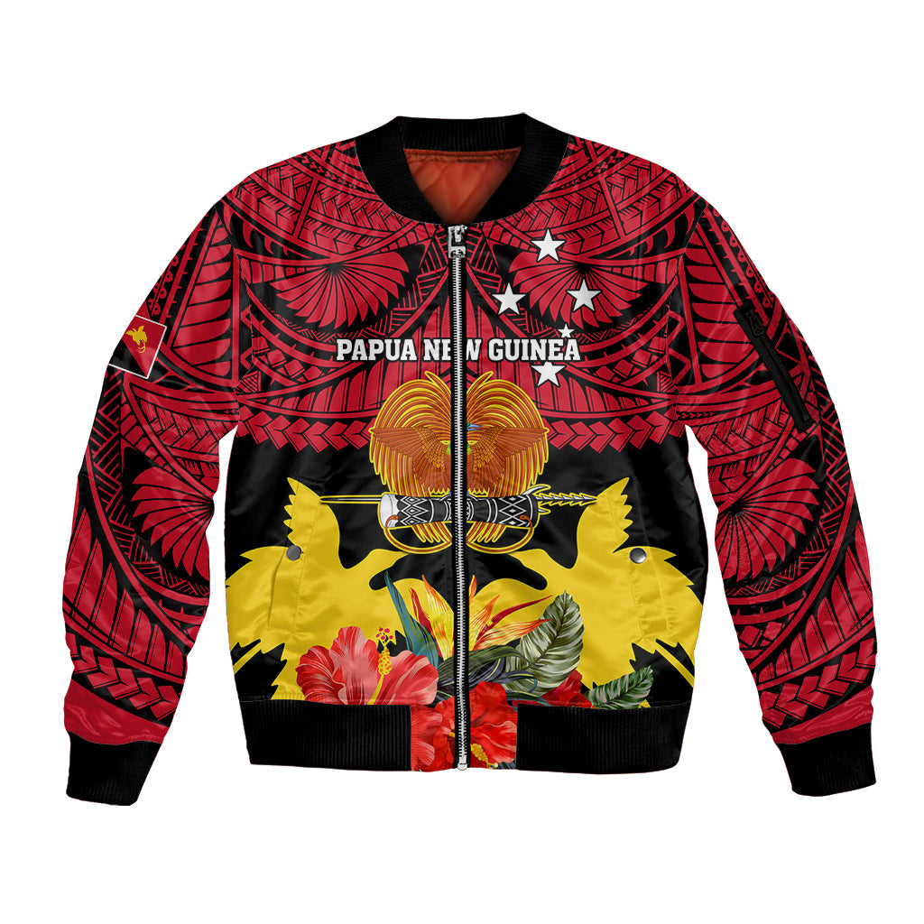Personalised Papua New Guinea Sleeve Zip Bomber Jacket Bird Of Paradise Mix Polynesian Pattern - Wonder Print Shop