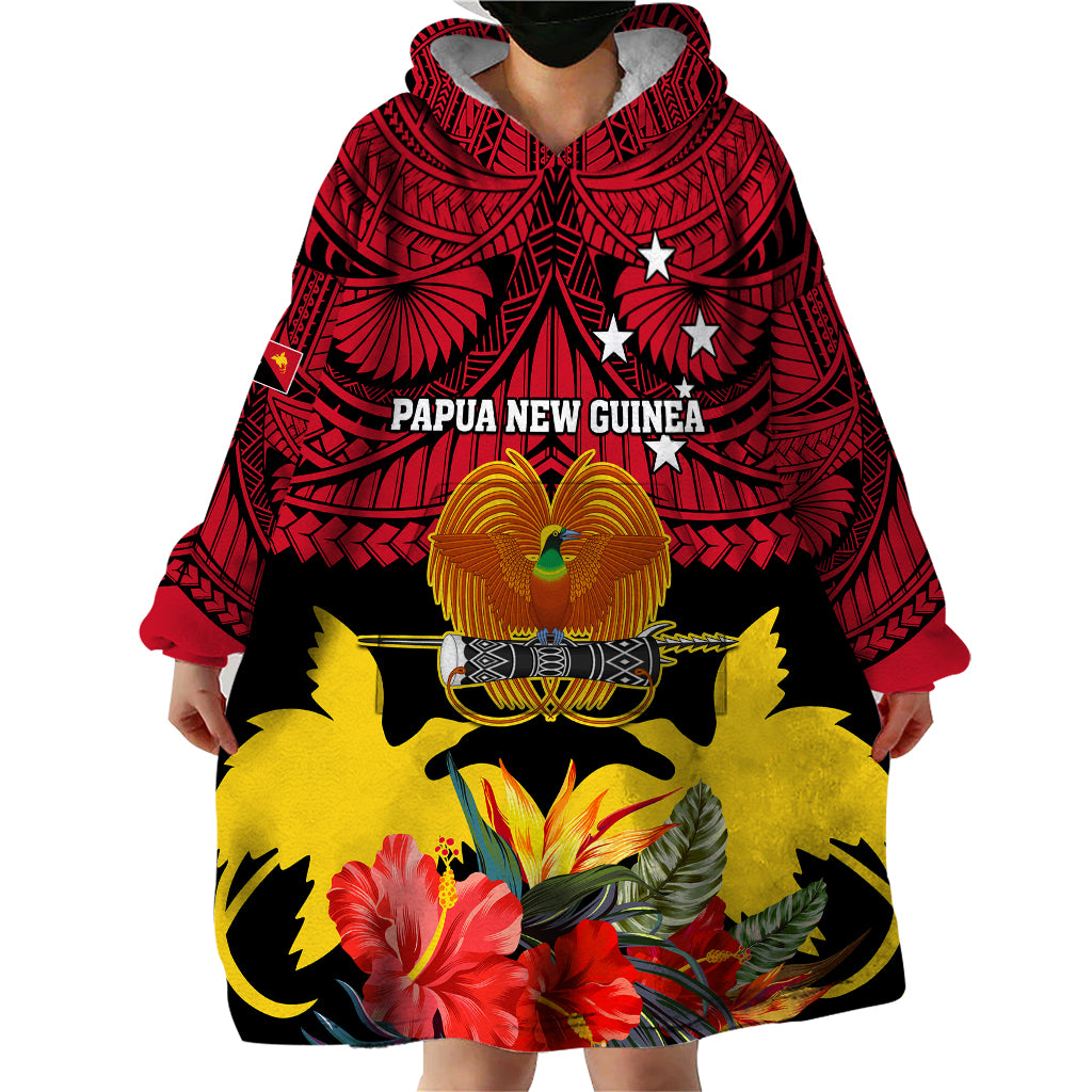 Personalised Papua New Guinea Wearable Blanket Hoodie Bird Of Paradise Mix Polynesian Pattern - Wonder Print Shop