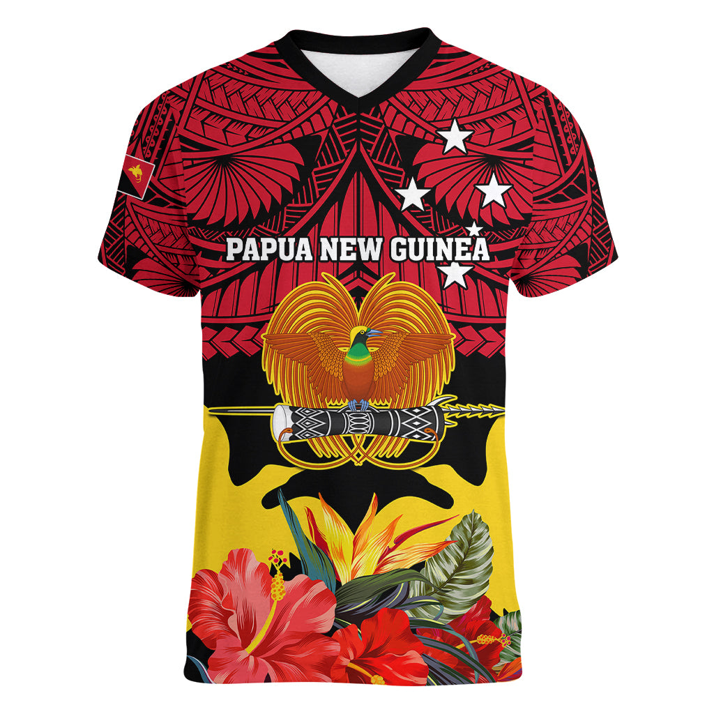 Personalised Papua New Guinea Women V Neck T Shirt Bird Of Paradise Mix Polynesian Pattern - Wonder Print Shop