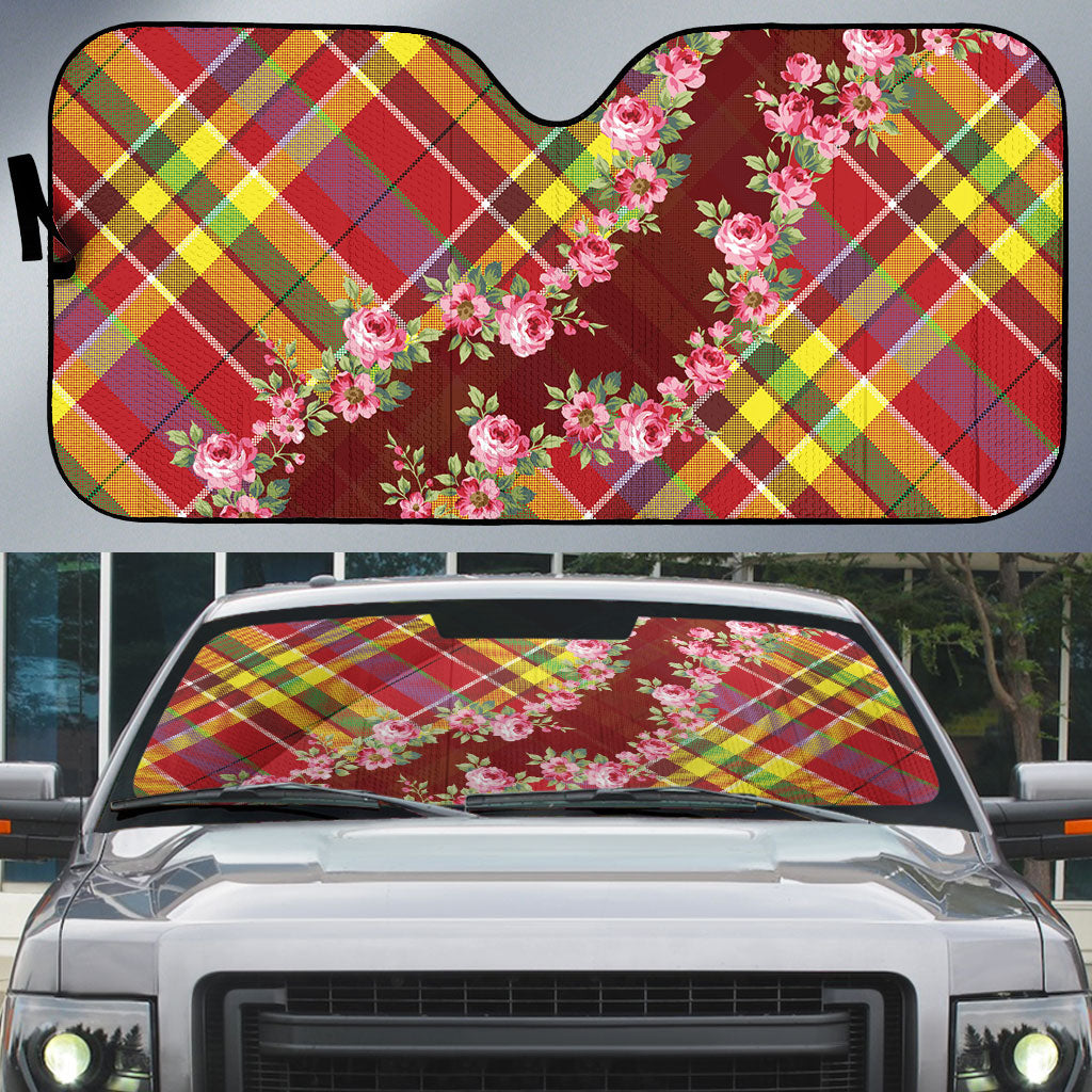 Happy Jounen Kweyol Auto Sun Shade Madras Pattern Roses Stylized