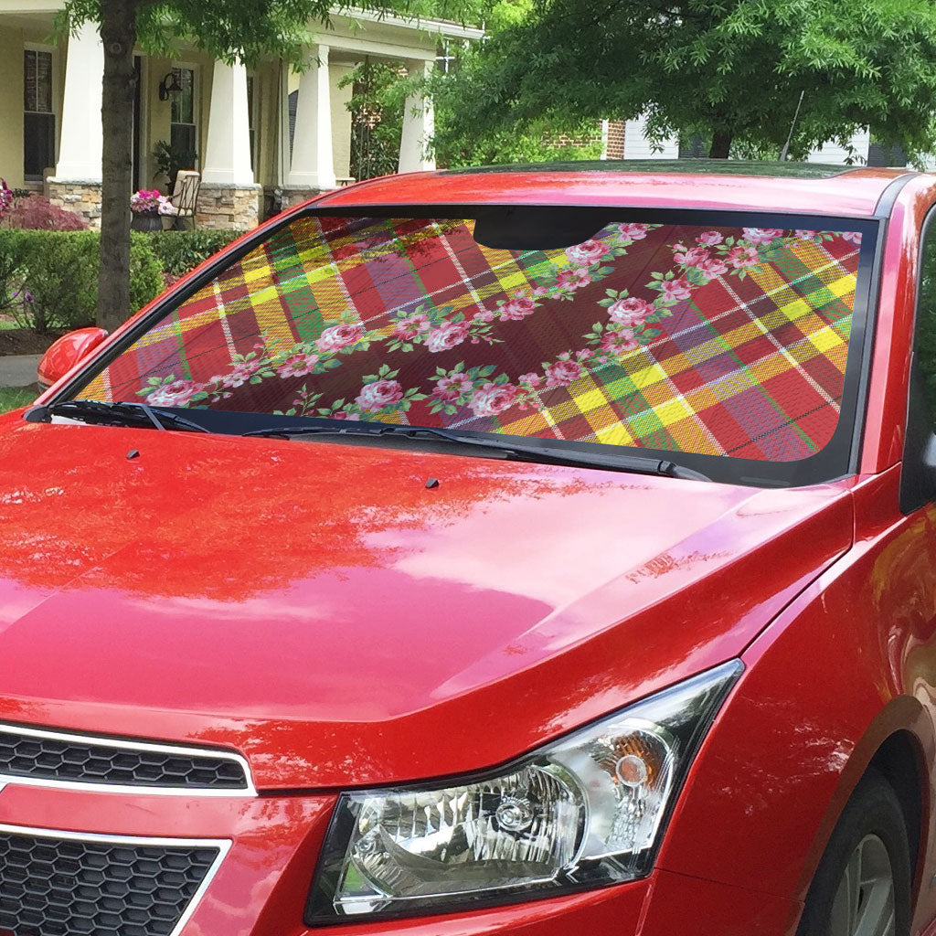 Happy Jounen Kweyol Auto Sun Shade Madras Pattern Roses Stylized