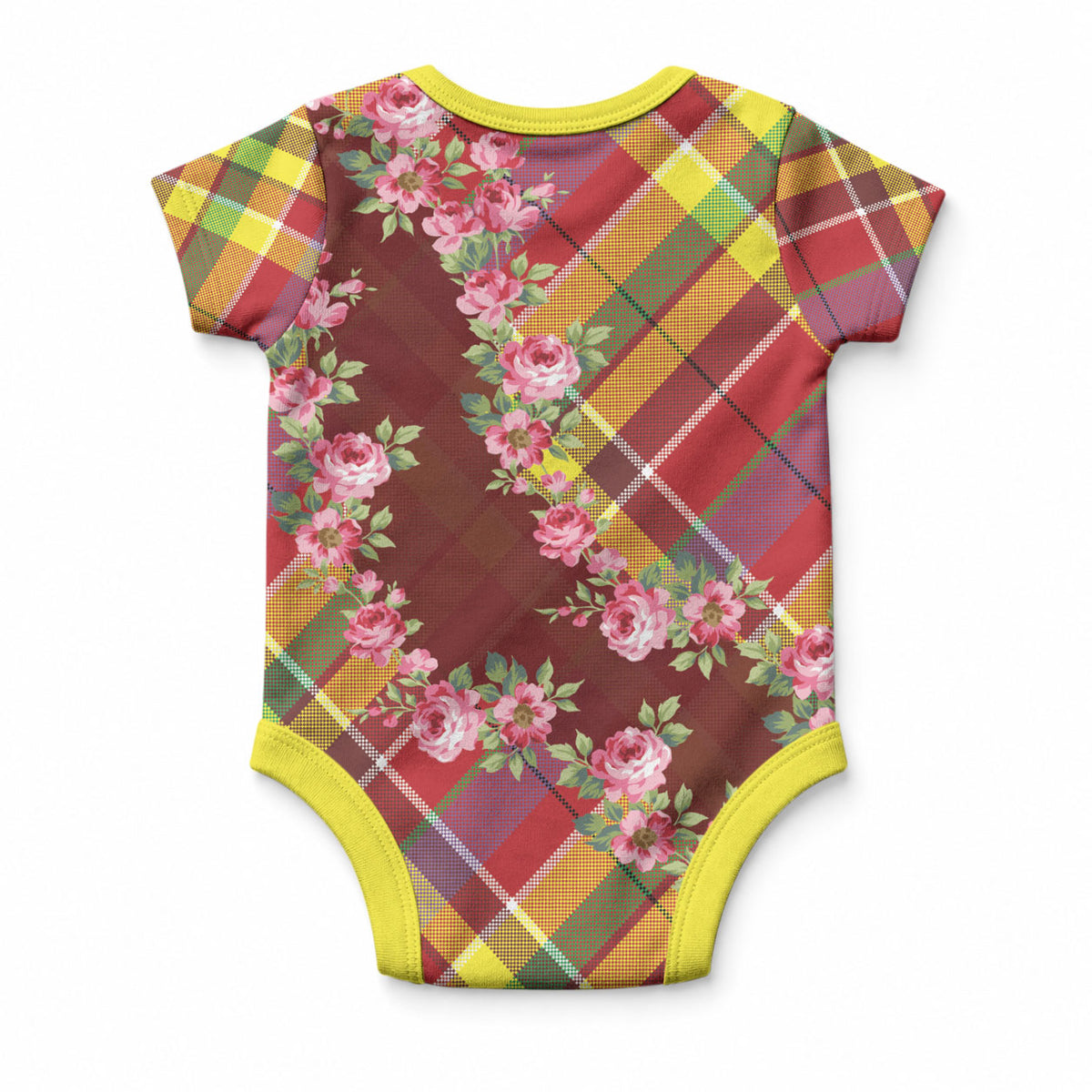 Happy Jounen Kweyol Baby Onesie Madras Pattern Roses Stylized
