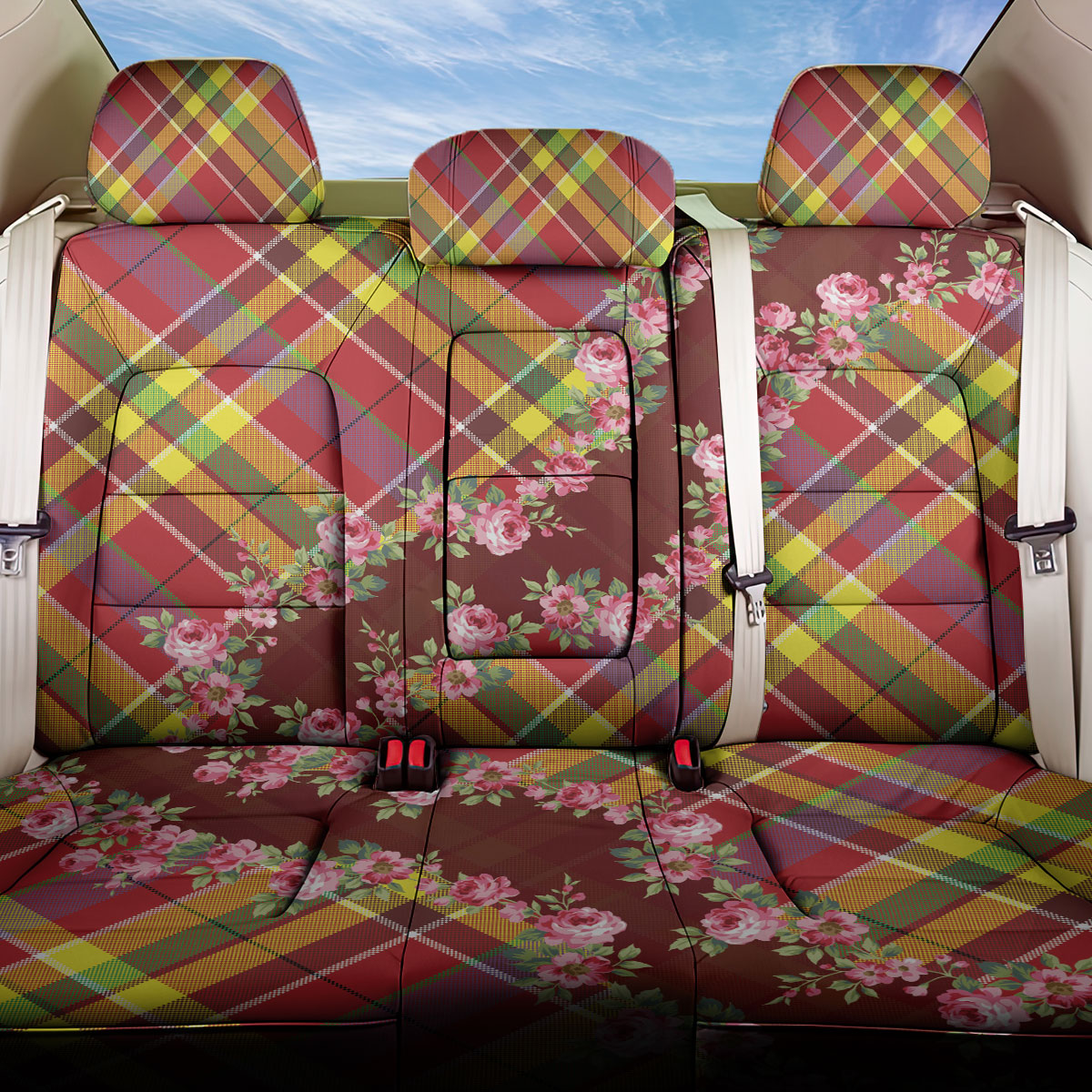 Happy Jounen Kweyol Back Car Seat Cover Madras Pattern Roses Stylized