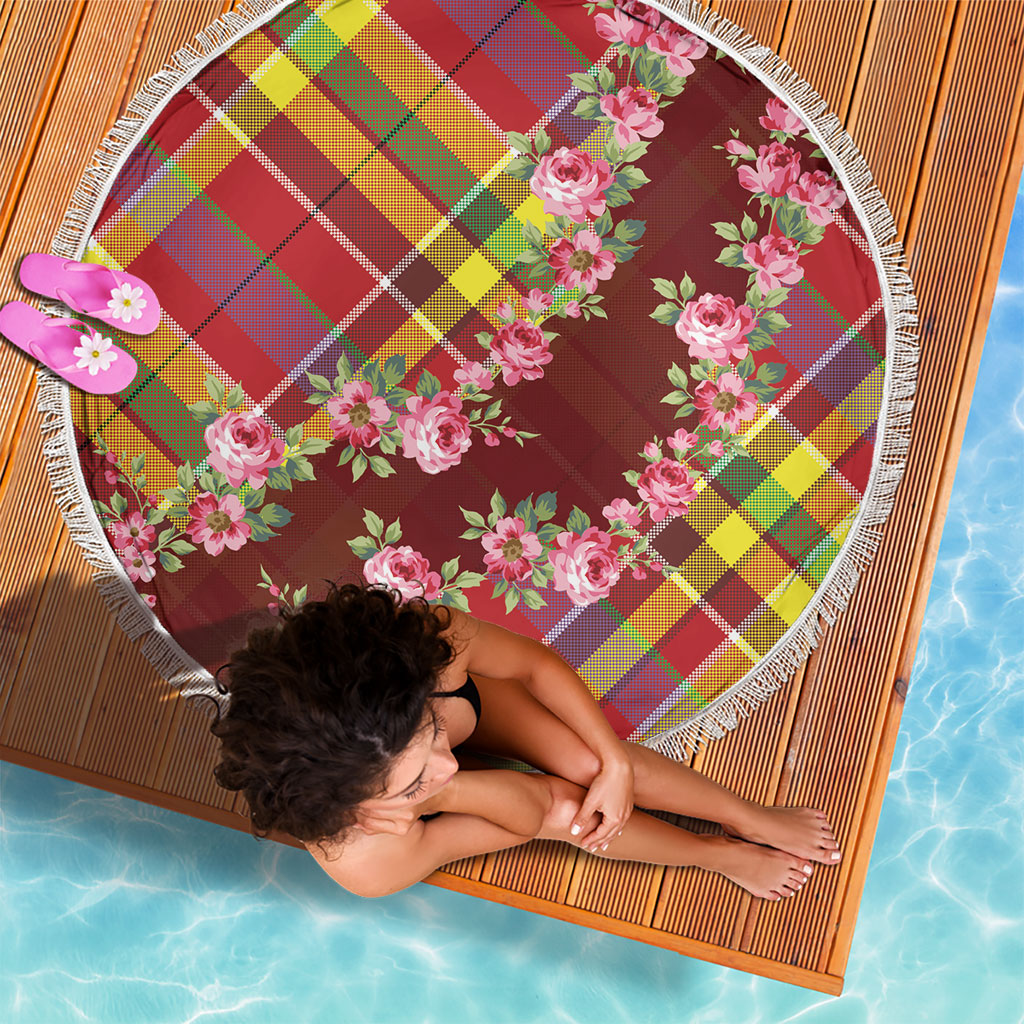 Happy Jounen Kweyol Beach Blanket Madras Pattern Roses Stylized