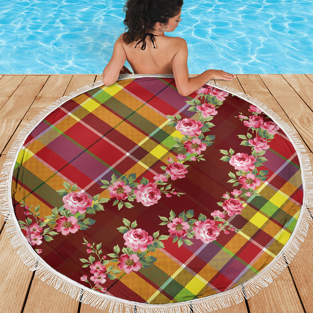 Happy Jounen Kweyol Beach Blanket Madras Pattern Roses Stylized