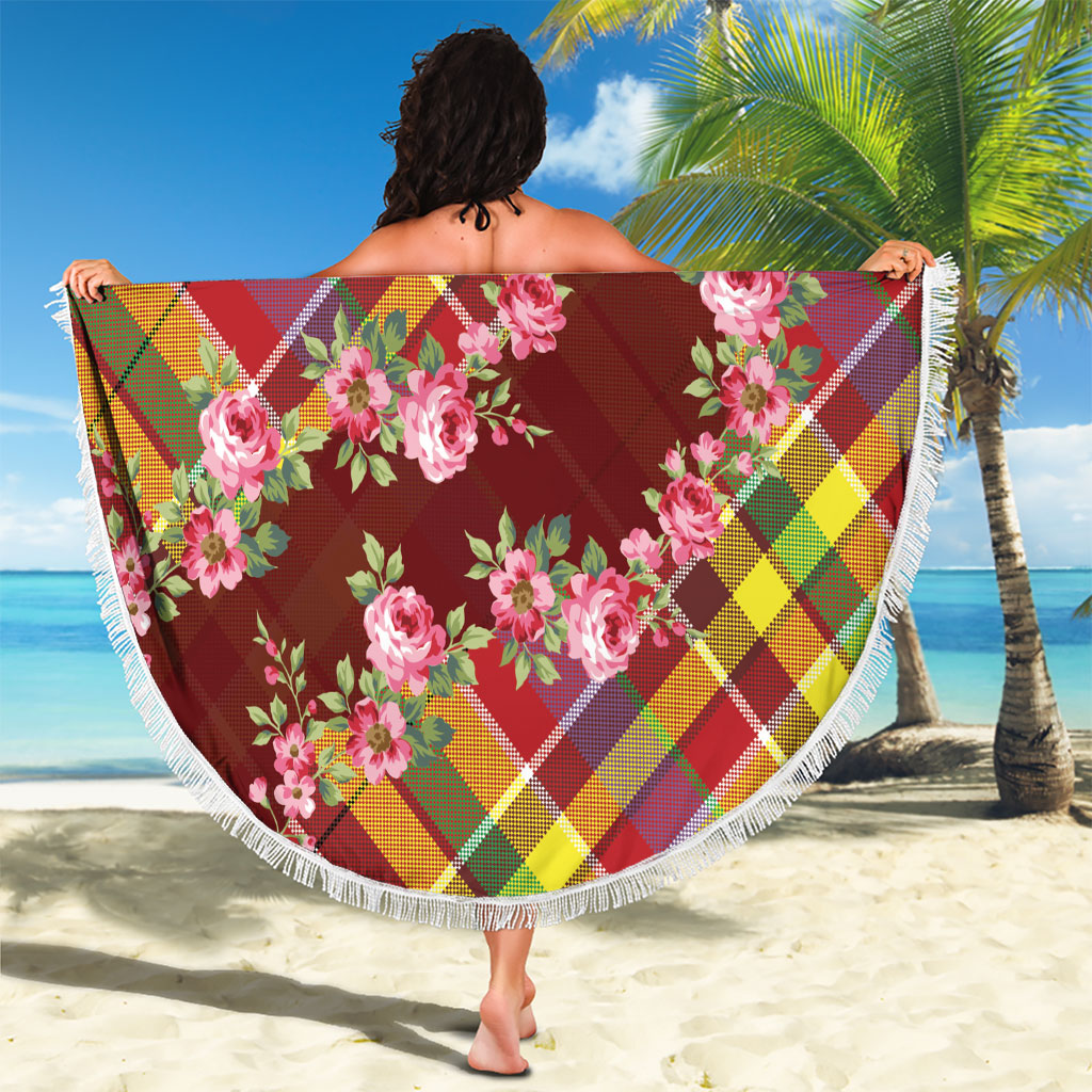 Happy Jounen Kweyol Beach Blanket Madras Pattern Roses Stylized