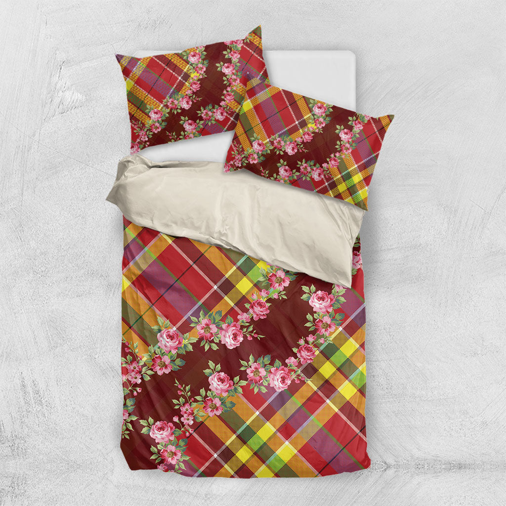 Happy Jounen Kweyol Bedding Set Madras Pattern Roses Stylized