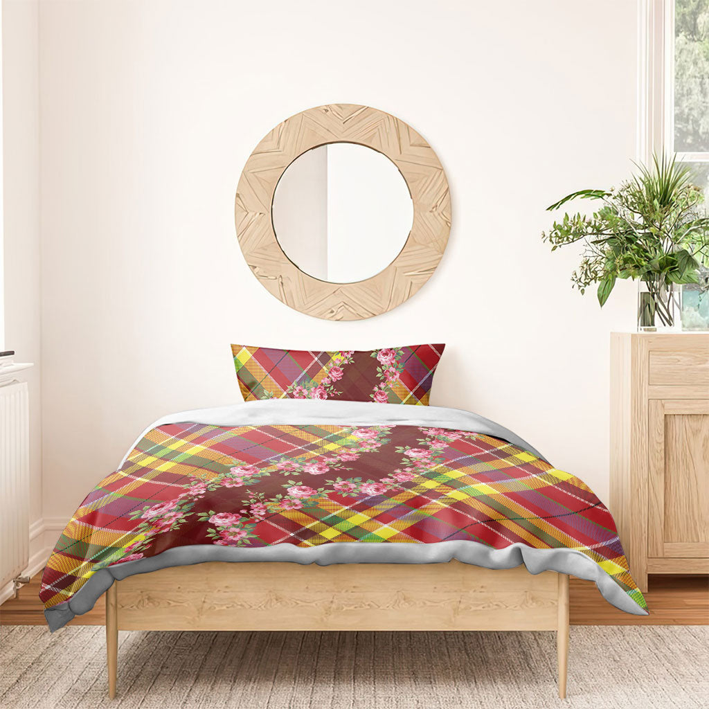 Happy Jounen Kweyol Bedding Set Madras Pattern Roses Stylized