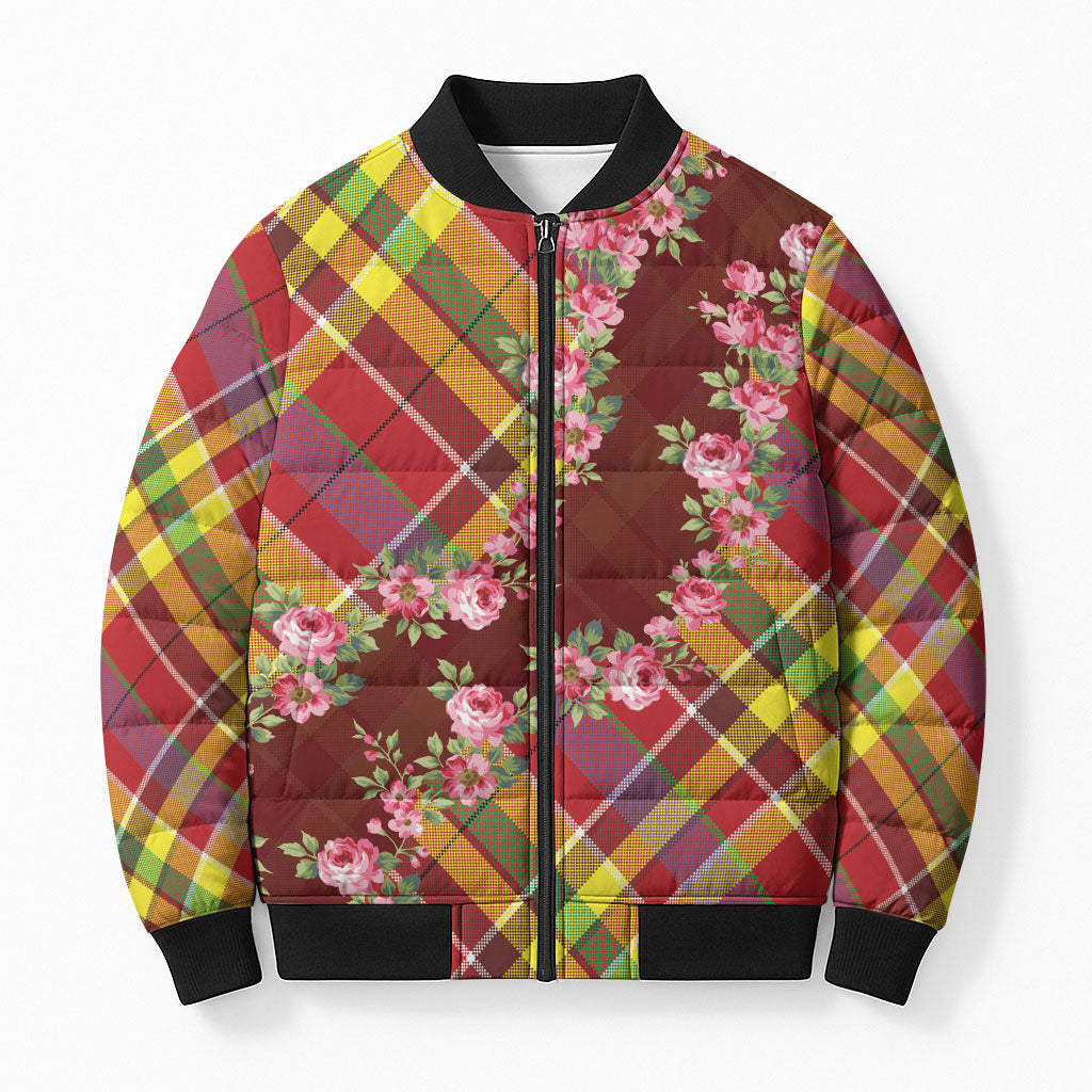 Happy Jounen Kweyol Bomber Puffer Jacket Madras Pattern Roses Stylized