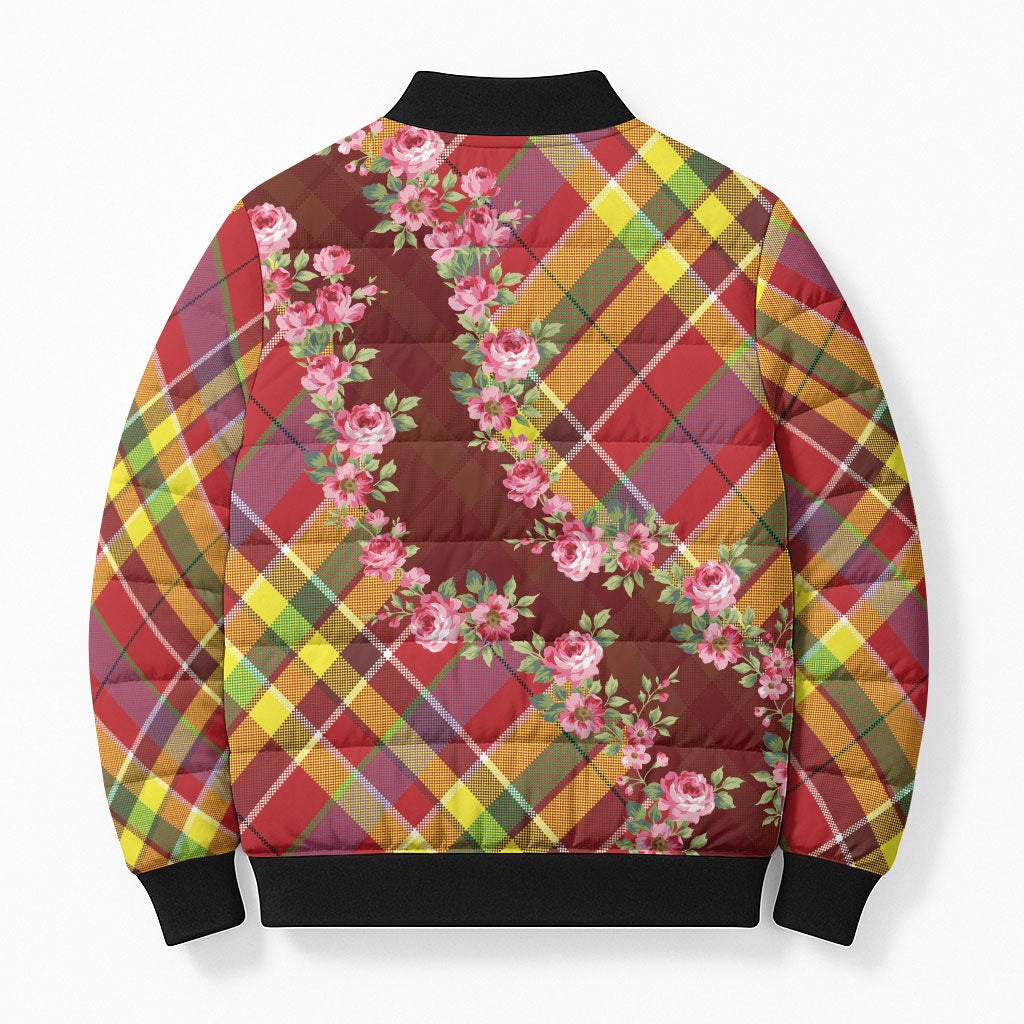 Happy Jounen Kweyol Bomber Puffer Jacket Madras Pattern Roses Stylized