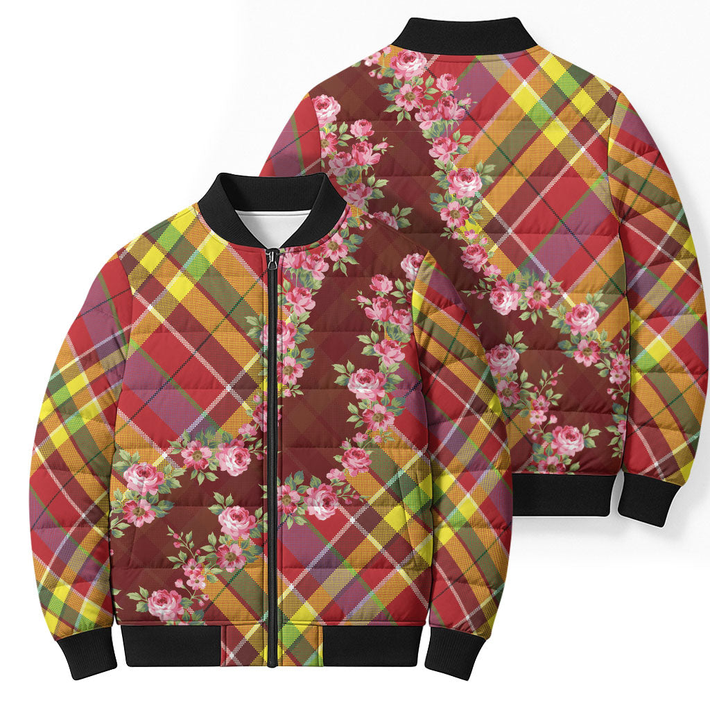 Happy Jounen Kweyol Bomber Puffer Jacket Madras Pattern Roses Stylized