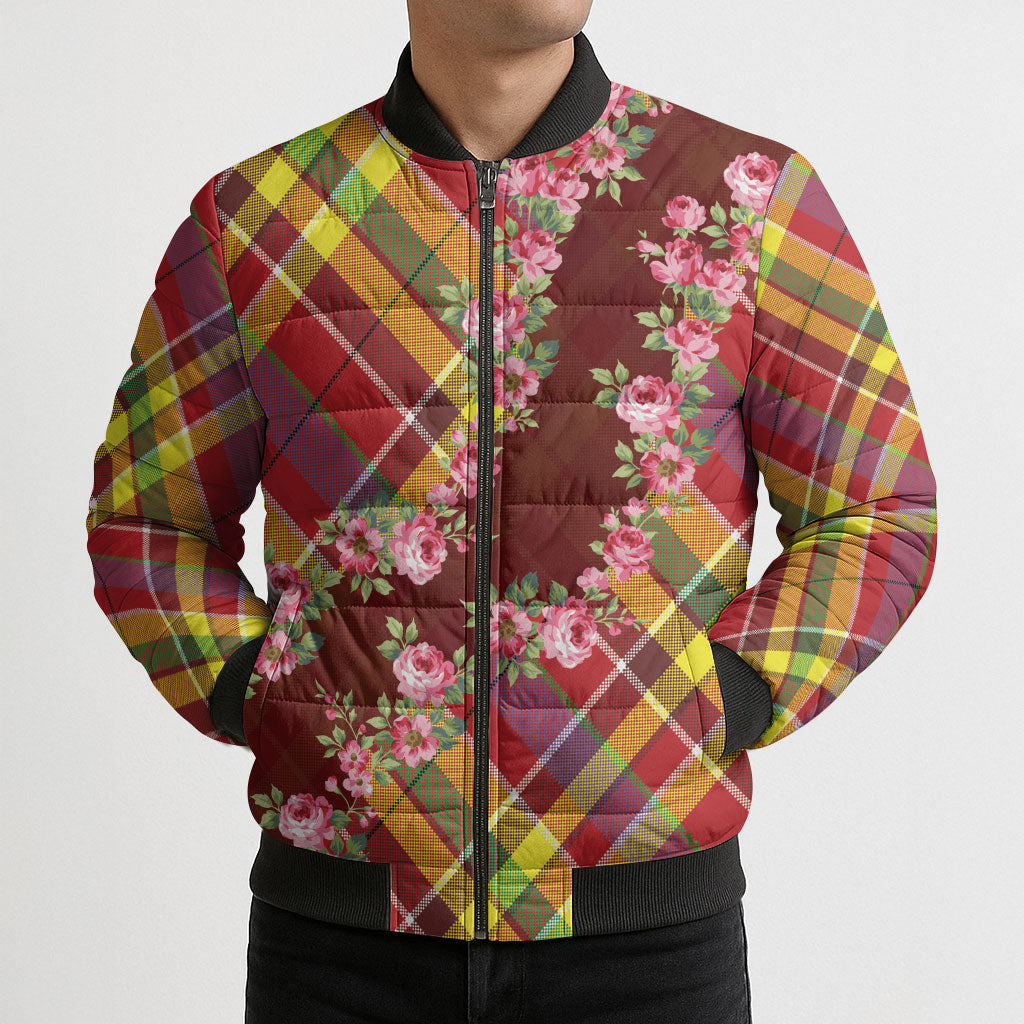 Happy Jounen Kweyol Bomber Puffer Jacket Madras Pattern Roses Stylized