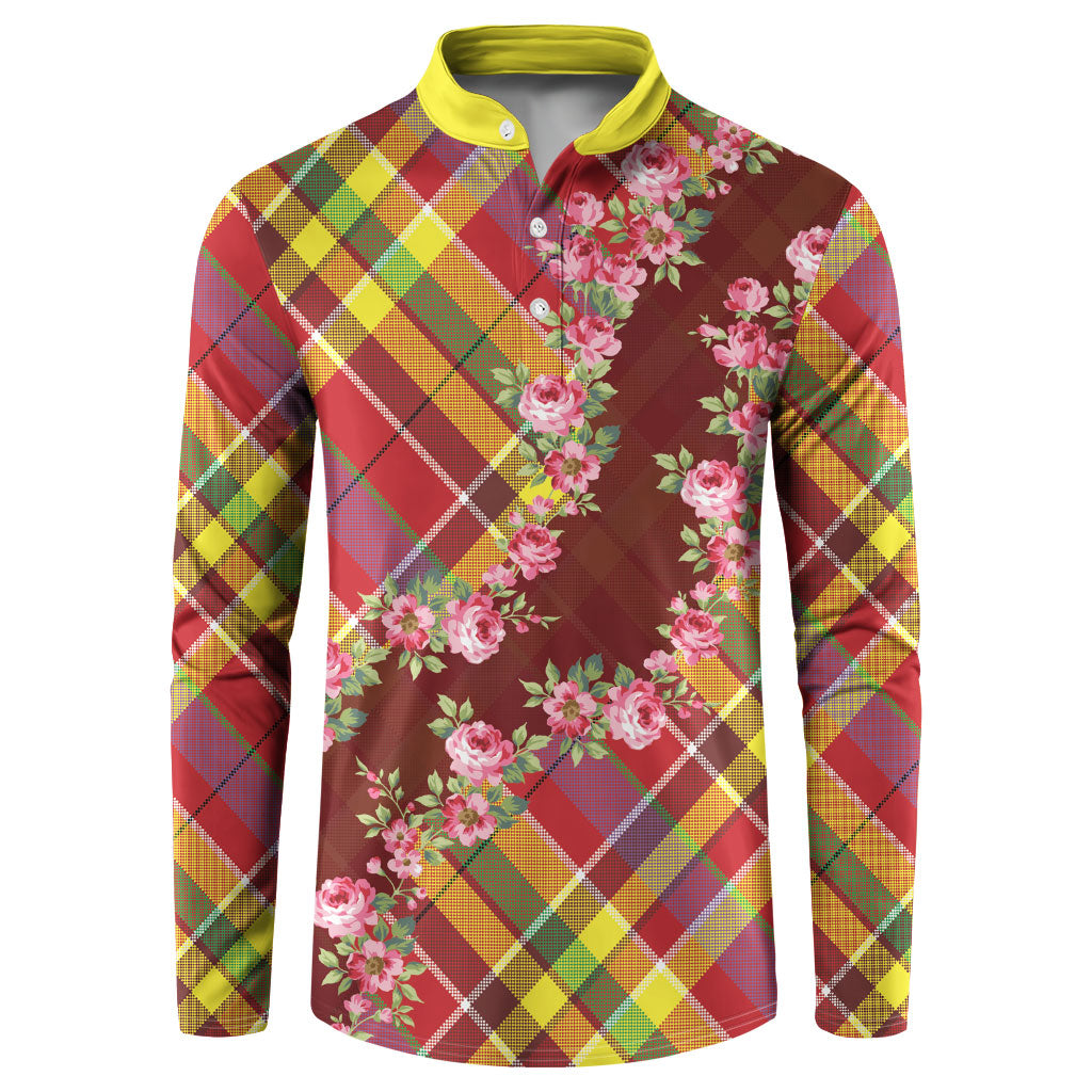Happy Jounen Kweyol Button Sweatshirt Madras Pattern Roses Stylized