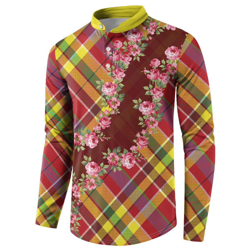 Happy Jounen Kweyol Button Sweatshirt Madras Pattern Roses Stylized