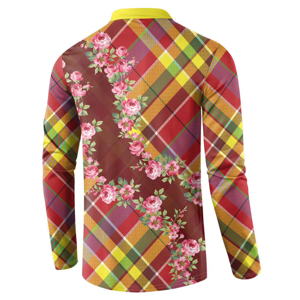 Happy Jounen Kweyol Button Sweatshirt Madras Pattern Roses Stylized