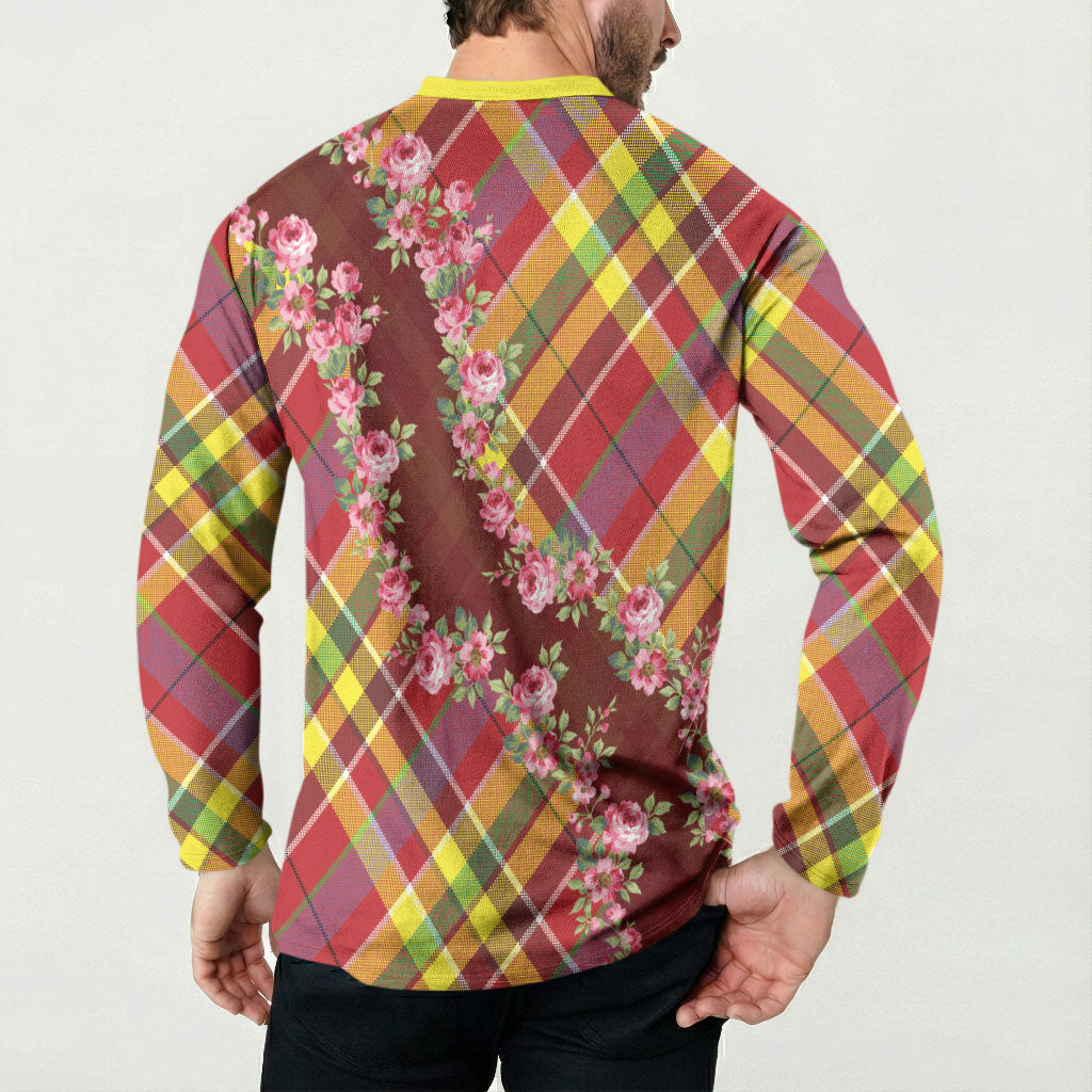 Happy Jounen Kweyol Button Sweatshirt Madras Pattern Roses Stylized