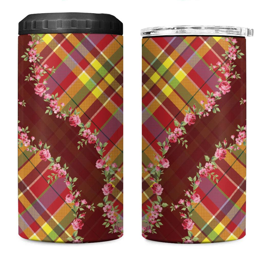 Happy Jounen Kweyol 4 in 1 Can Cooler Tumbler Madras Pattern Roses Stylized