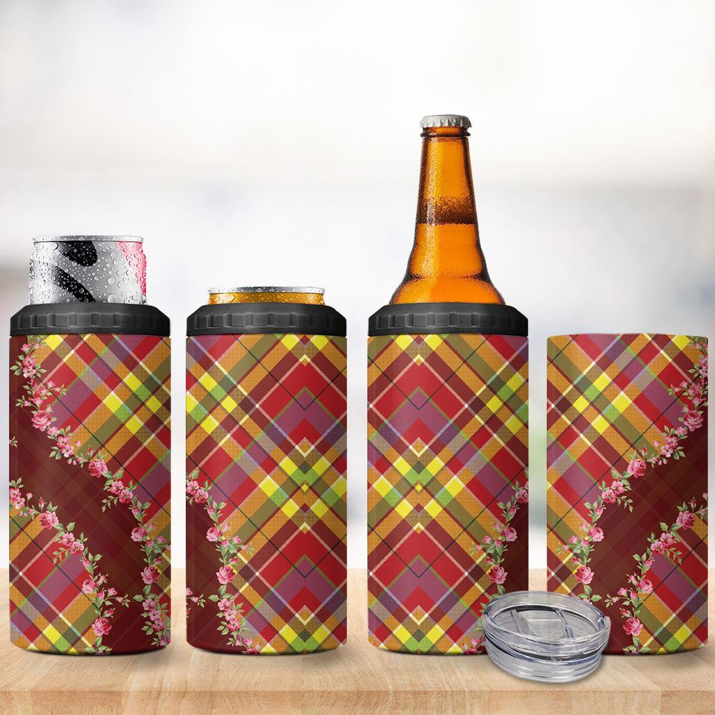 Happy Jounen Kweyol 4 in 1 Can Cooler Tumbler Madras Pattern Roses Stylized