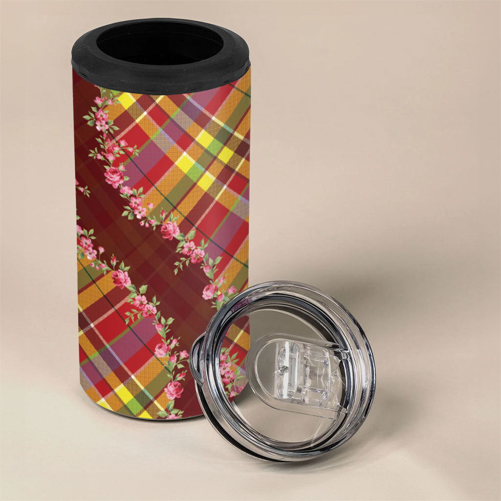 Happy Jounen Kweyol 4 in 1 Can Cooler Tumbler Madras Pattern Roses Stylized
