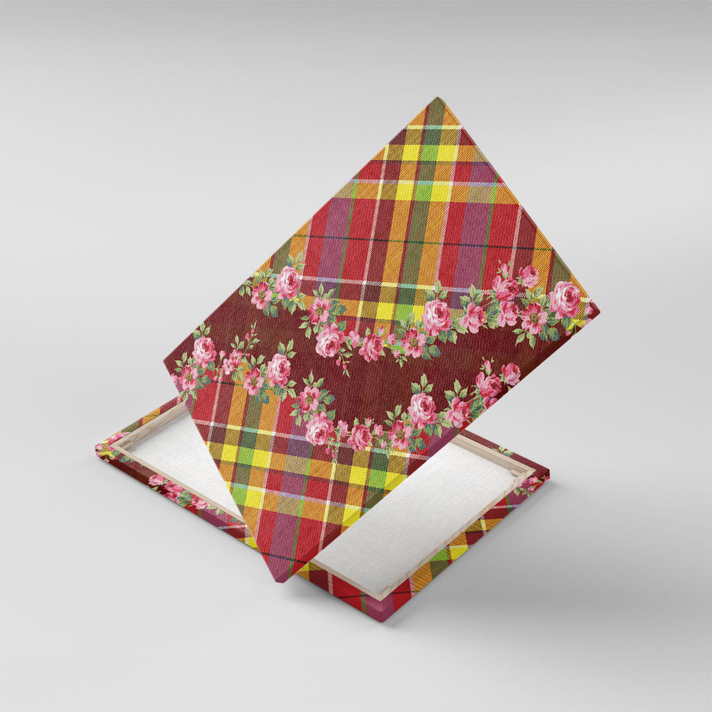 Happy Jounen Kweyol Canvas Wall Art Madras Pattern Roses Stylized
