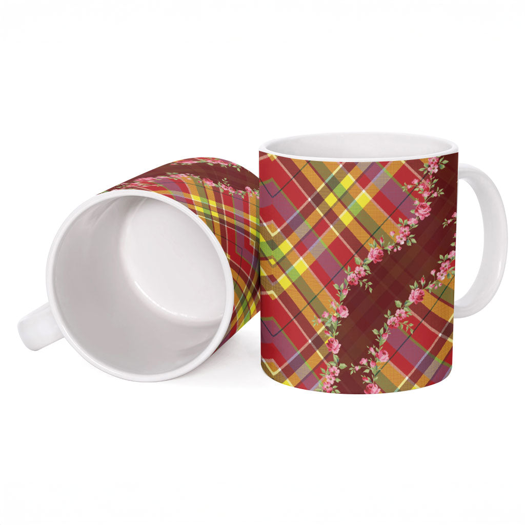 Happy Jounen Kweyol Ceramic Mug Madras Pattern Roses Stylized