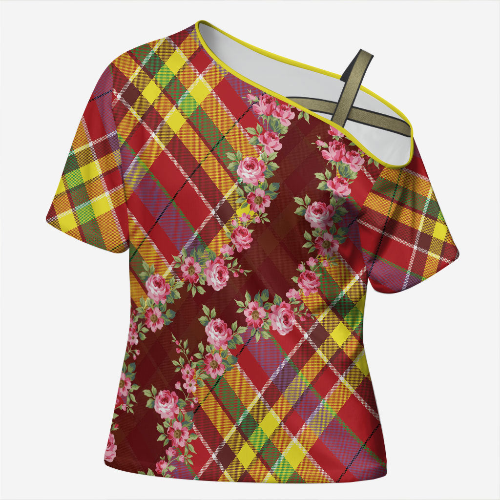 Happy Jounen Kweyol Cross Shoulder Shirt Madras Pattern Roses Stylized