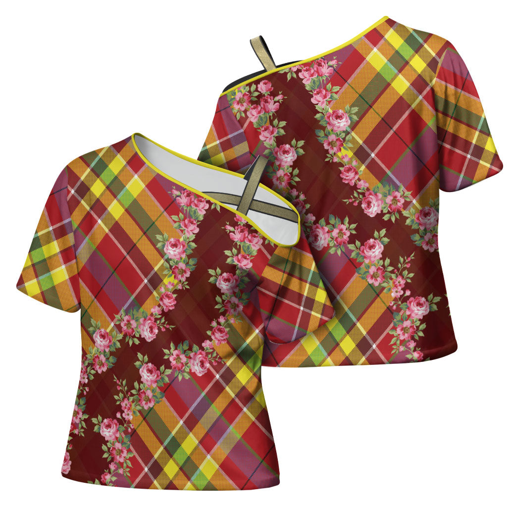 Happy Jounen Kweyol Cross Shoulder Shirt Madras Pattern Roses Stylized