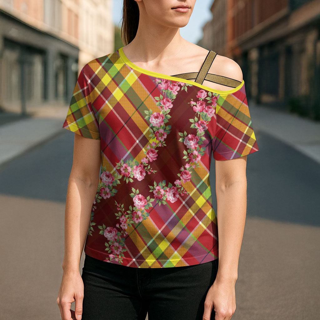 Happy Jounen Kweyol Cross Shoulder Shirt Madras Pattern Roses Stylized