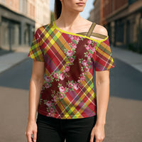 Happy Jounen Kweyol Cross Shoulder Shirt Madras Pattern Roses Stylized