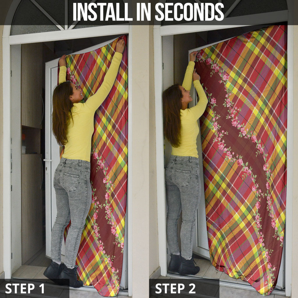 Happy Jounen Kweyol Door Cover Madras Pattern Roses Stylized
