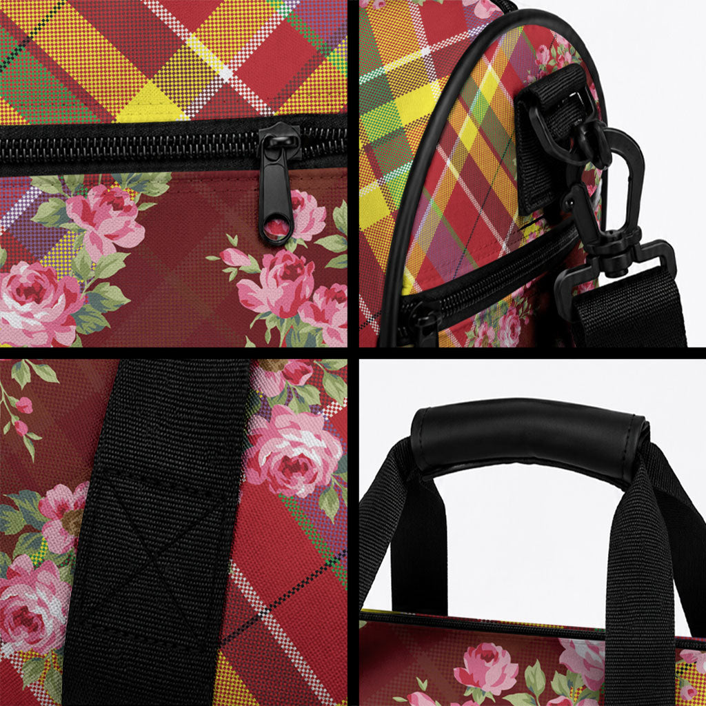 Happy Jounen Kweyol Duffle Bag Madras Pattern Roses Stylized