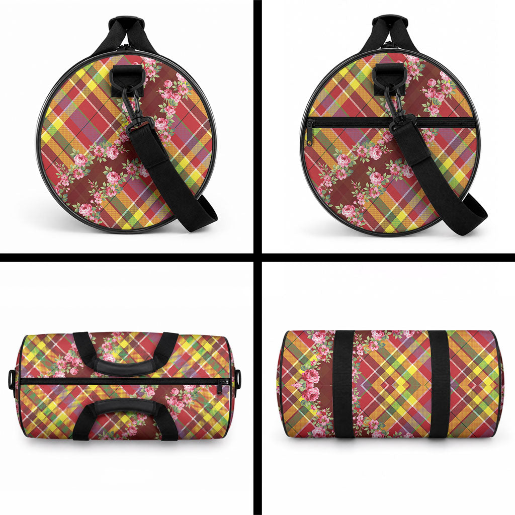 Happy Jounen Kweyol Duffle Bag Madras Pattern Roses Stylized