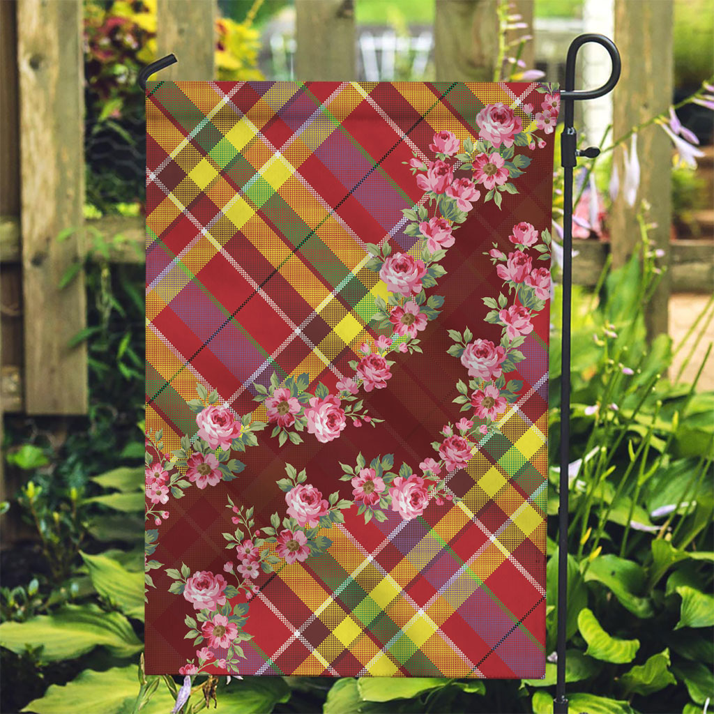 Happy Jounen Kweyol Garden Flag Madras Pattern Roses Stylized