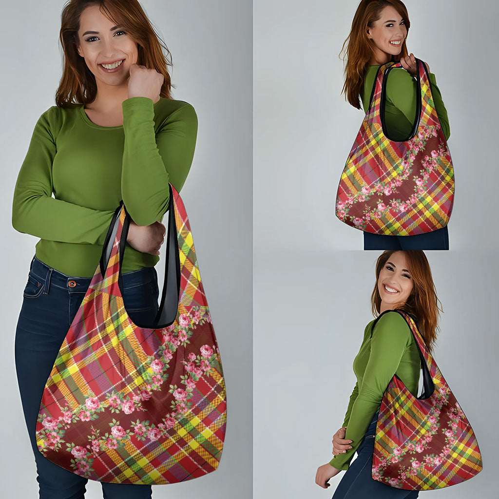 Happy Jounen Kweyol Grocery Bag Madras Pattern Roses Stylized