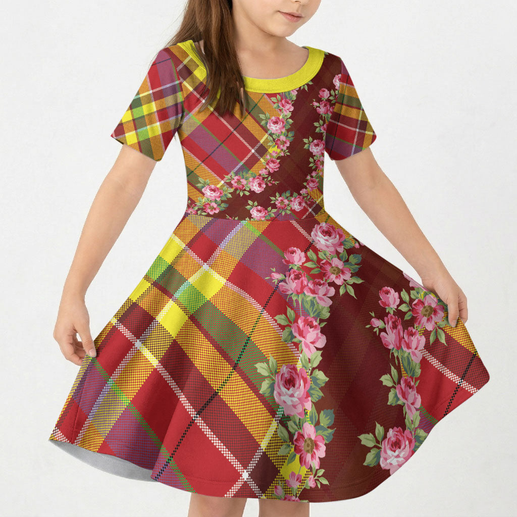 Happy Jounen Kweyol Kid Short Sleeve Dress Madras Pattern Roses Stylized