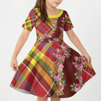 Happy Jounen Kweyol Kid Short Sleeve Dress Madras Pattern Roses Stylized